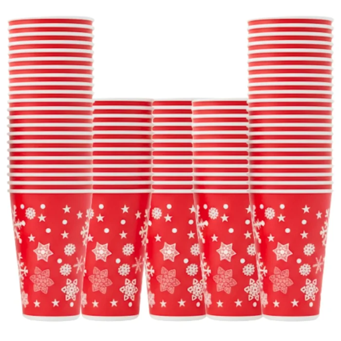 500ml Red Snowflake Disposable Paper Cups (Pack of 100)